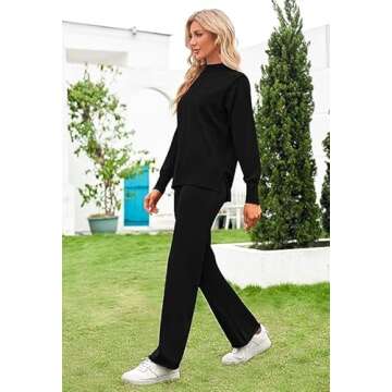 TOLENY Knitted Lounge Sets for Women 2 Piece Outfits Sweaters Wide Leg Pants Tracksuit Black S