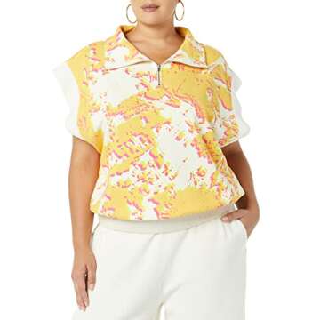 Making The Cut Women's standard Drop Sleeve Boxy Half Zip Sweatshirt, Orange Print, M