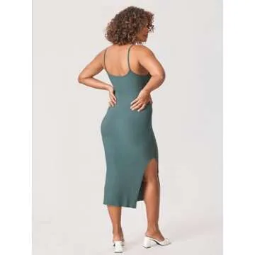 MOMANDA Women' s Maternity Dress Ribbed Spaghetti Strap Bodycon Dresses Square Neck Maternity Clothes for Baby Shower Midnight Emerald Medium