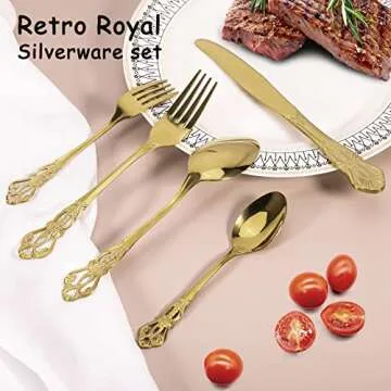 Gold Silverware Set for 4, Stainless Steel Gorgeous Retro Royal Flatware Set, 20-Pieces Cutlery Tableware set, Kitchen utensils set Include Spoons And Forks Set, Mirror Finish, Dishwasher Safe