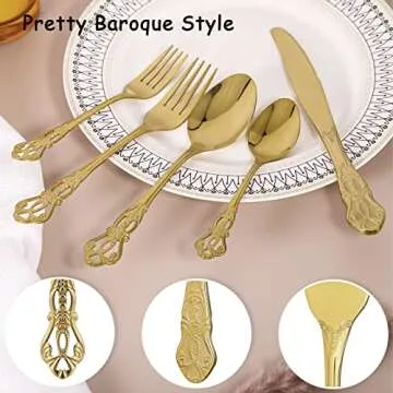 Gold Silverware Set for 4, Stainless Steel Gorgeous Retro Royal Flatware Set, 20-Pieces Cutlery Tableware set, Kitchen utensils set Include Spoons And Forks Set, Mirror Finish, Dishwasher Safe