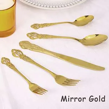 Gold Silverware Set for 4, Stainless Steel Gorgeous Retro Royal Flatware Set, 20-Pieces Cutlery Tableware set, Kitchen utensils set Include Spoons And Forks Set, Mirror Finish, Dishwasher Safe