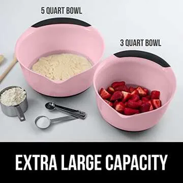 Gorilla Grip Mixing Bowls Set of 2, Slip Resistant Rubber Bottom, Nesting Baking Bowl, Soft Wide Handle, Easy Pour Spout, Electric Mixer and Dishwasher Safe, Kitchen Essentials, 5 QT, 3 Quart, Pink