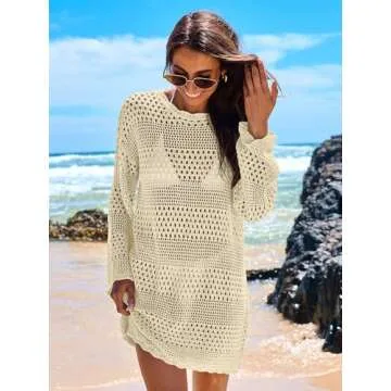 ANRABESS Women Swimsuit Crochet Swim Cover Up 2025 Summer Bathing Suit Swimwear Mesh Knit Beach Dress Vacation Outfits Beige Medium