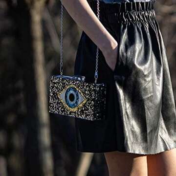 Evil Eye Clutch for Women Stylish Acrylic Box Evening Bag Glitter Party Banquet Purse Handbag (Black)