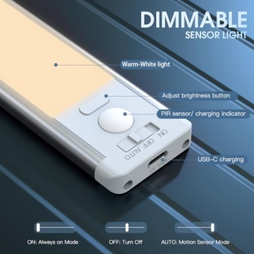 Motion Sensor Under Cabinet Lights - Rechargeable & Dimmable