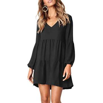 Amoretu Women's Cute V-Neck Lantern Sleeve Loose Tunic Dress Knee Length Black M