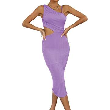LYANER Women's One Shoulder Ruched Cut Out Split Slit Hem Sleeveless Bodycon Tank Short Dress Purple X-Small