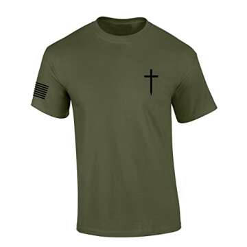 Mens Christian Shirt Faith Cross Crest American Flag Sleeve T-Shirt Graphic Tee-Military Green-XL