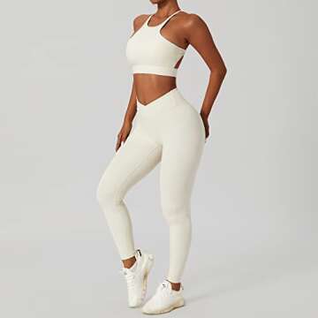 ABOCIW Workout Outfits for Women 2 Piece Buttery Soft Racer Front Cut Out Back Crop Top Sport Bra Cross Waist High Waist Leggings Yoga Pants Macthing Gym Sets Activewear #1 Cream Medium