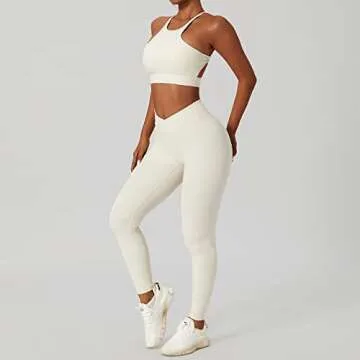 ABOCIW Workout Outfits for Women 2 Piece Buttery Soft Racer Front Cut Out Back Crop Top Sport Bra Cross Waist High Waist Leggings Yoga Pants Macthing Gym Sets Activewear #1 Cream Medium