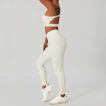 ABOCIW Workout Outfits for Women 2 Piece Buttery Soft Racer Front Cut Out Back Crop Top Sport Bra Cross Waist High Waist Leggings Yoga Pants Macthing Gym Sets Activewear #1 Cream Medium