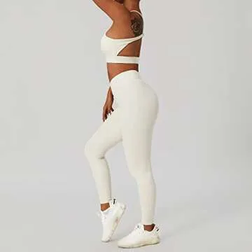 ABOCIW Workout Outfits for Women 2 Piece Buttery Soft Racer Front Cut Out Back Crop Top Sport Bra Cross Waist High Waist Leggings Yoga Pants Macthing Gym Sets Activewear #1 Cream Medium