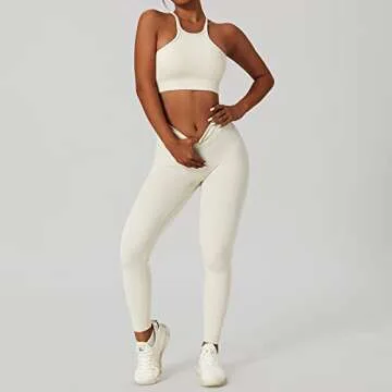 ABOCIW Workout Outfits for Women 2 Piece Buttery Soft Racer Front Cut Out Back Crop Top Sport Bra Cross Waist High Waist Leggings Yoga Pants Macthing Gym Sets Activewear #1 Cream Medium