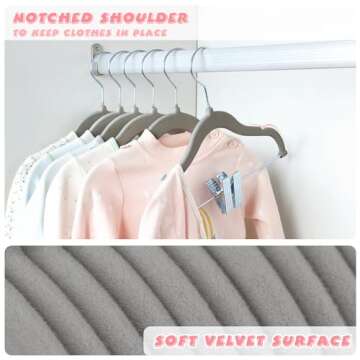 ManGotree 11.8'' Baby Velvet Hangers with Movable Clips, Non-Slip Kids Clothes Hangers, Ultra-Thin Space-Saving Children's Felt Hangers for Shirts, Pants, Dresses, Skirts, Jackets (16 Pack, Grey)
