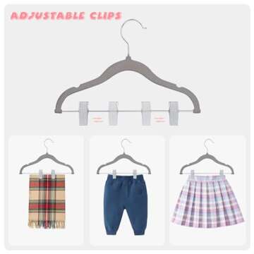 ManGotree 11.8'' Baby Velvet Hangers with Movable Clips, Non-Slip Kids Clothes Hangers, Ultra-Thin Space-Saving Children's Felt Hangers for Shirts, Pants, Dresses, Skirts, Jackets (16 Pack, Grey)