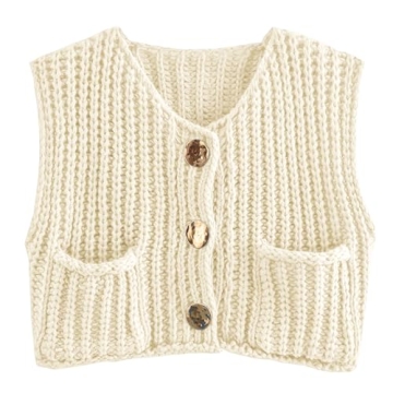 Hixiaohe Womens Crochet Chunky Knit Top Sleeveless Button Down Crop Tops Trendy Cardigan Sweater Ves...