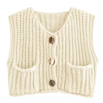 Hixiaohe Womens Crochet Chunky Knit Top Sleeveless Button Down Crop Tops Trendy Cardigan Sweater Ves...