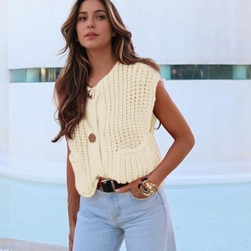 Hixiaohe Crochet Chunky Knit Top for Women with Pockets