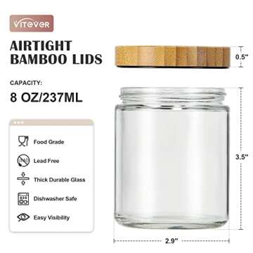VITEVER 12 Pack Thick Glass Candle Jars with Bamboo Lids - 8 OZ, Bulk Clear Round Glass Candle Jars ...