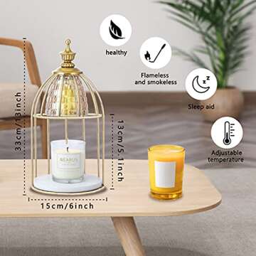 nearus Candle Warmer Lamp, Auto Shut Off and Brightness Heat Level Control with Timer and Dimmable Switch, Top-Down Candle Melting with Marble Base and 2 Bulbs(Gold)