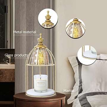 nearus Candle Warmer Lamp, Auto Shut Off and Brightness Heat Level Control with Timer and Dimmable Switch, Top-Down Candle Melting with Marble Base and 2 Bulbs(Gold)