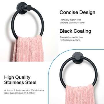 HouseAid Stainless Steel Towel Ring for Bathroom Hand Towel Holder Modern Circle Towel Hanger Round Towel Rack Wall Mounted Matte Black