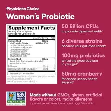 Physician's Choice Probiotics for Women - PH Balance, Digestive, UT, & Feminine Health - 50 Billion CFU - 6 Unique Strains for Women - Organic Prebiotics, Cranberry Extract+ - Womens Probiotic - 84 CT
