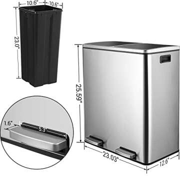 AthLike 60L(16 Gal) Dual Trash Can, Stainless Steel Kitchen Garbage Can, Double Compartment Classifi...
