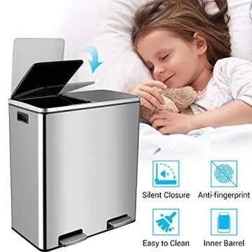 AthLike 60L(16 Gal) Dual Trash Can, Stainless Steel Kitchen Garbage Can, Double Compartment Classified Rubbish Bin, Recycle Dustbin w/Plastic Inner Buckets, Handle, Soft-Close Lid, Airtight