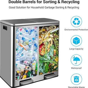 AthLike 60L(16 Gal) Dual Trash Can, Stainless Steel Kitchen Garbage Can, Double Compartment Classified Rubbish Bin, Recycle Dustbin w/Plastic Inner Buckets, Handle, Soft-Close Lid, Airtight