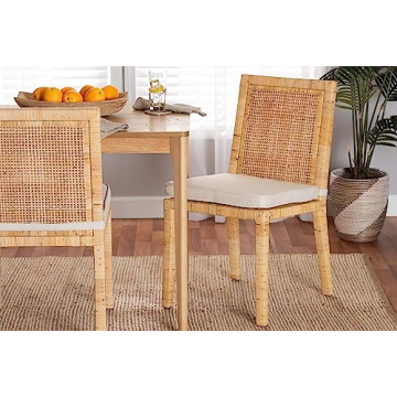 Baxton Studio Sofia Dining Chair and Dining Chair Natural Finished Wood and Rattan 2-Piece Dining Chair Set
