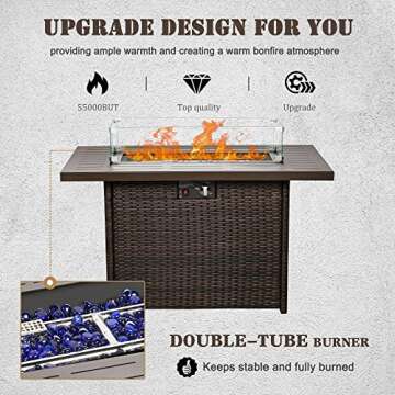 Vakollia Propane Fire Pit Table,44 Inch 55000 BTU Outdoor Gas Fire Pit Rectangular with Glass Wind Guard for Outside Patio Deck (Brown-Aluminum Top)
