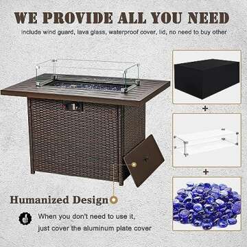 Vakollia Propane Fire Pit Table,44 Inch 55000 BTU Outdoor Gas Fire Pit Rectangular with Glass Wind Guard for Outside Patio Deck (Brown-Aluminum Top)