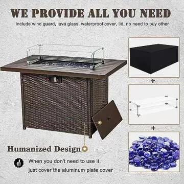 Vakollia Propane Fire Pit Table,44 Inch 55000 BTU Outdoor Gas Fire Pit Rectangular with Glass Wind Guard for Outside Patio Deck (Brown-Aluminum Top)
