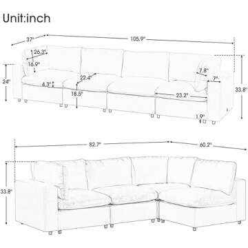 kevinplus 106'' Modern Modular Sectional Sofa with USB Ports & Wireless Charging
