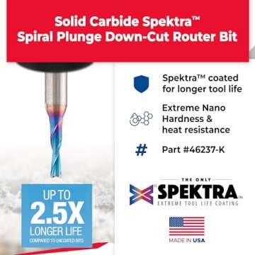 Amana Tool Solid Carbide Spektra Extreme Tool Life Spiral Plunge Router Bit Down-Cut, 46237-K, 1/16 ...