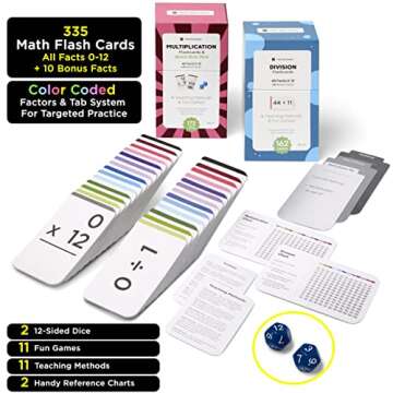 Think Tank Scholar 335 Multiplication & Division Flash Cards - 2 Math Dice (Award Winning) All Facts 0-12 Answer on Back, for Kids in 2ND, 3RD, 4TH, 5TH, 6TH Grade Class or Homeschool - Games & Charts