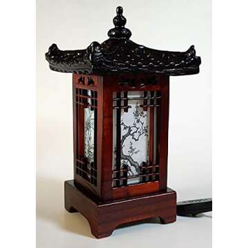 Antique Alive Carved Wood Table Lamp Handmade Traditional Korean House Pavilion Pagoda Design Art De...