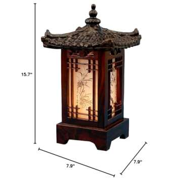 Antique Alive Carved Wood Table Lamp Handmade Traditional Korean House Pavilion Pagoda Design Art Deco Lantern Brown Asian Oriental Bedside Bedroom Lamp Accent Unusual Light (House)