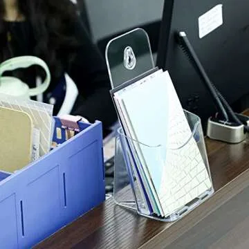 10 Pieces Acrylic Brochure Holders 4 Inches Wide Pamphlet Display Stand Clear Acrylic Pamphlet Holders Plastic Trifold Flyer Holder with 12 Pieces Self Adhesive Hooks for Magazine Booklet Menu