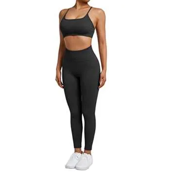 SUUKSESS Women Seamless 2 piece Workout Sets Strappy Padded Sports Bra Booty High Waisted Leggings O...