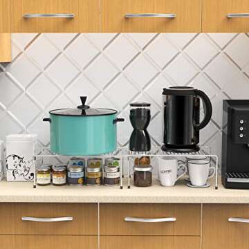 WOSOVO Set of 2 Kitchen Cabinet Organizer and Storage Shelves Stackable Expandable Storage Racks with Anti-slip Liners for Cabinet Pantry, Silver