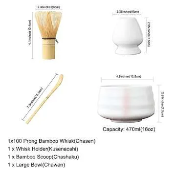 Matcha Set, Matcha Whisk and Bowl Ceremony Accessory Kit- Pink Stripe Ceramic Bowl, Matcha Whisk, White Whisk Holder, Traditional Scoop, Perfect Set to Prepare a Traditional Cup of Matcha