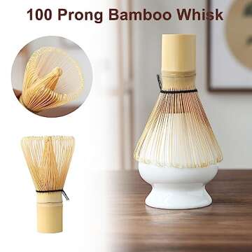 Matcha Set, Matcha Whisk and Bowl Ceremony Accessory Kit- Pink Stripe Ceramic Bowl, Matcha Whisk, White Whisk Holder, Traditional Scoop, Perfect Set to Prepare a Traditional Cup of Matcha