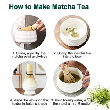 Matcha Set, Matcha Whisk and Bowl Ceremony Accessory Kit- Pink Stripe Ceramic Bowl, Matcha Whisk, White Whisk Holder, Traditional Scoop, Perfect Set to Prepare a Traditional Cup of Matcha