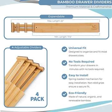 Adjustable Bamboo Drawer Dividers, Large 17"-22", Expandable Long Drawer Organizers and Separators for the Kitchen, Dresser, Bedroom, Bathroom, Office, and Garage, Set of 4, Natural Color