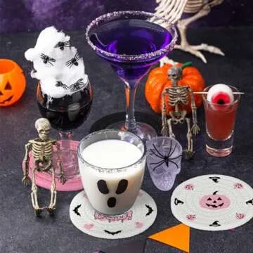 Whaline 4Pcs Halloween Handmade Braided Cotton Coasters Pink Black Pumpkin Ghost Boo Drink Coasters Absorbent Cup Coasters for Home Office Party Decor, 4.3 Inch