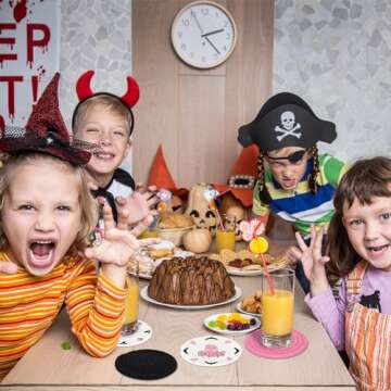 Whaline 4Pcs Halloween Handmade Braided Cotton Coasters Pink Black Pumpkin Ghost Boo Drink Coasters Absorbent Cup Coasters for Home Office Party Decor, 4.3 Inch