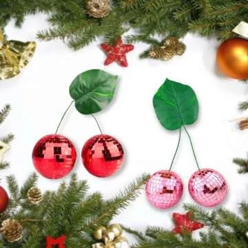 Double Cherry Disco Ball Pink Cherry Decor, Mirror Retro Reflective Disco Balls Lighting Ball for Party Stage Props Bedroom Dining Table Home Art Decorations Adorable Gift (Double Cherry-10cm/3.9in)